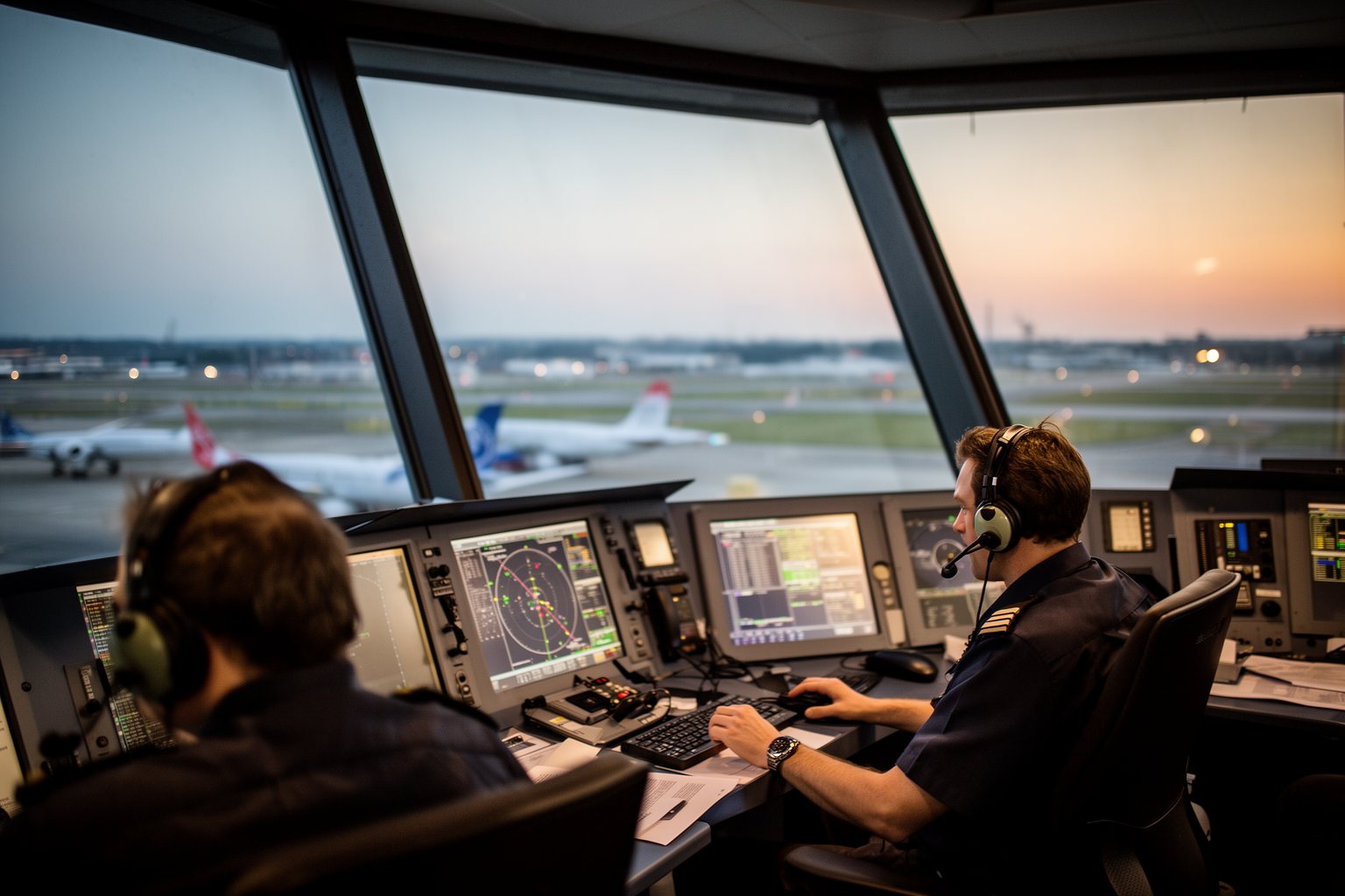 Jetsons Reality: The Dawn of Flying Cars Air traffic controllers at their consoles in a control tower overlooking an airport