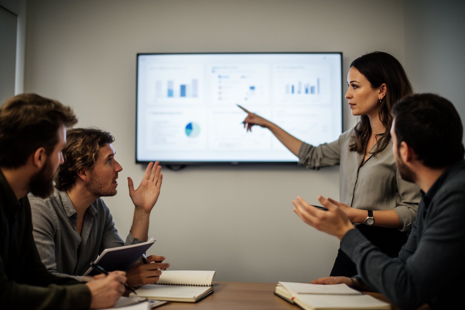 Analyst presenting data insights to colleagues in a small meeting room