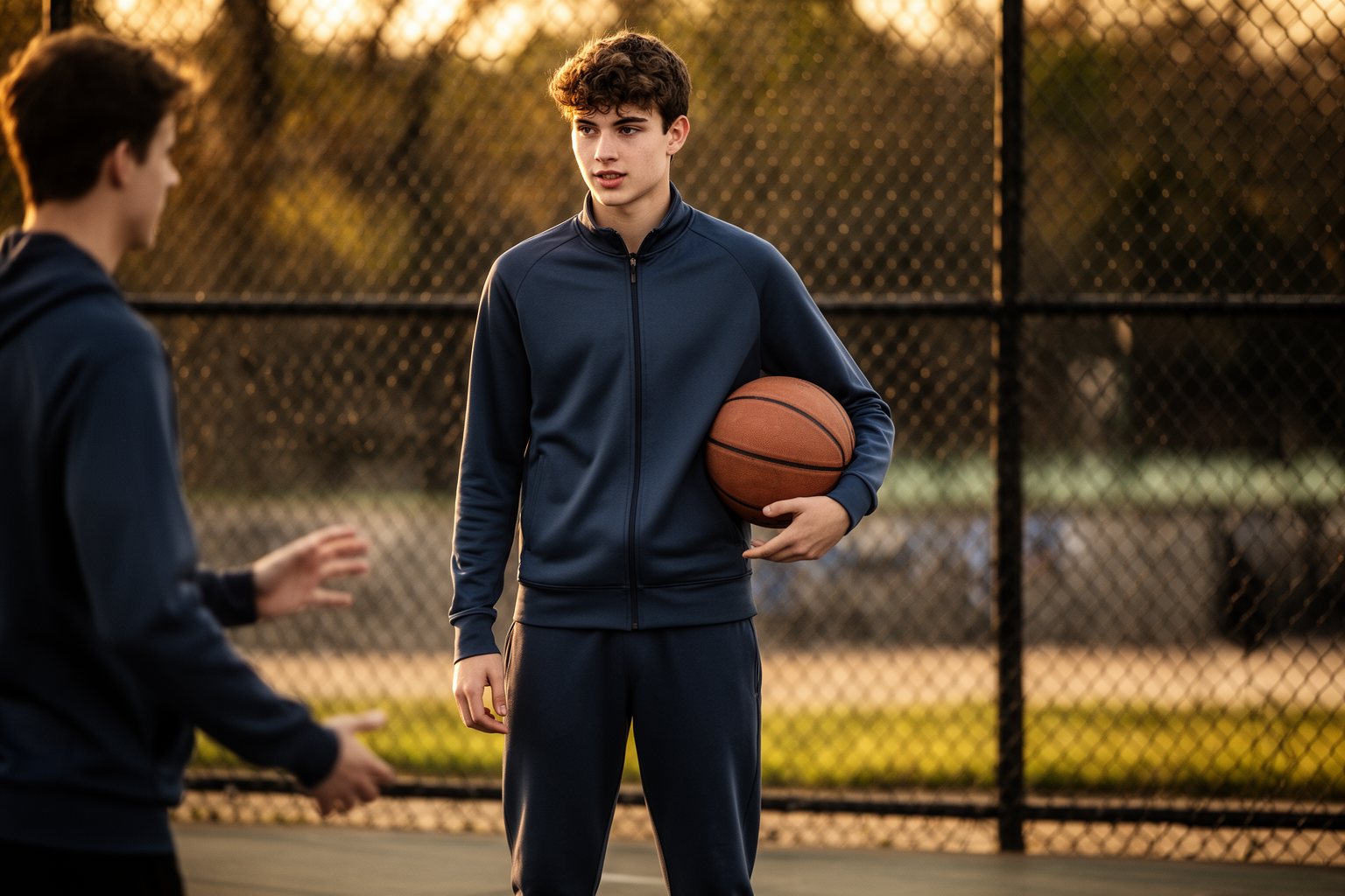 10 Must-Have Fashion Items for Teen Boys Young man in joggers and a zip-up track top at an outdoor basketball court