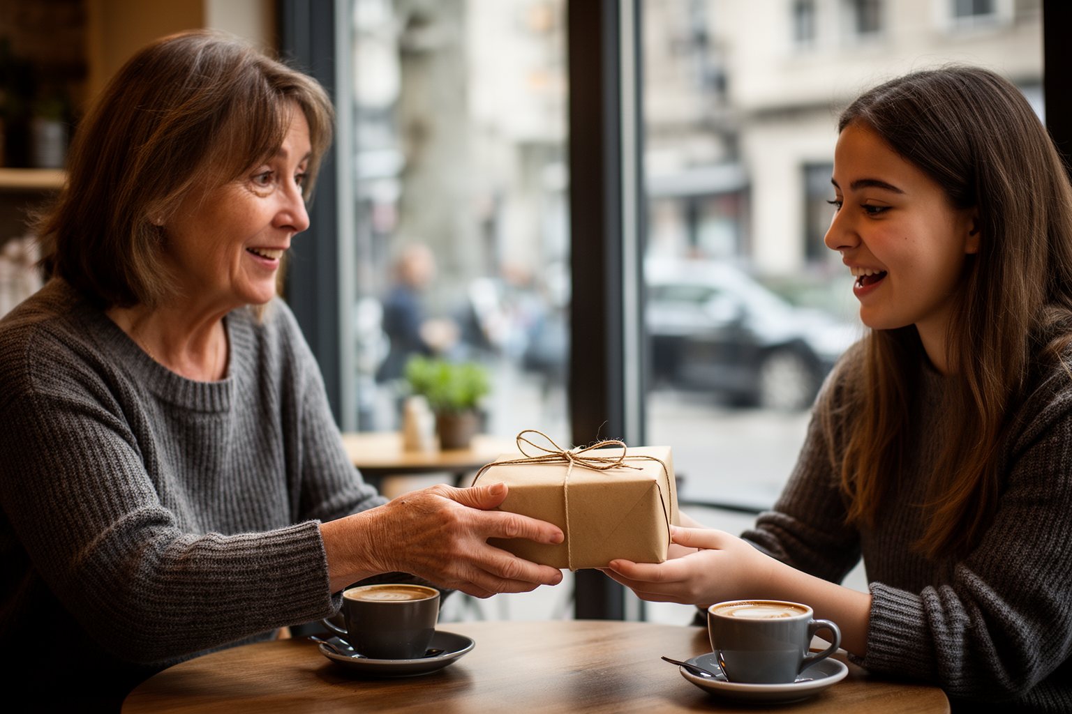 10 DIY Gifts for Teen Girls That Will Impress Woman handing a wrapped handmade gift across a table to a smiling friend