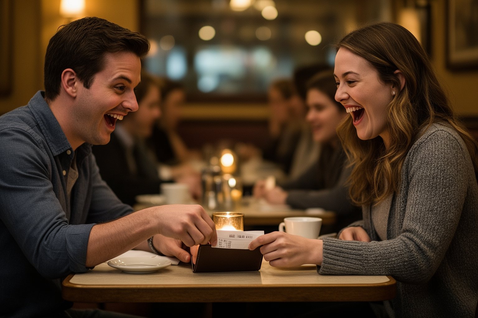 The Humorous Side of #Adulting: Welcome to the Real World Couple on an awkward first date reaching for the bill at the same time