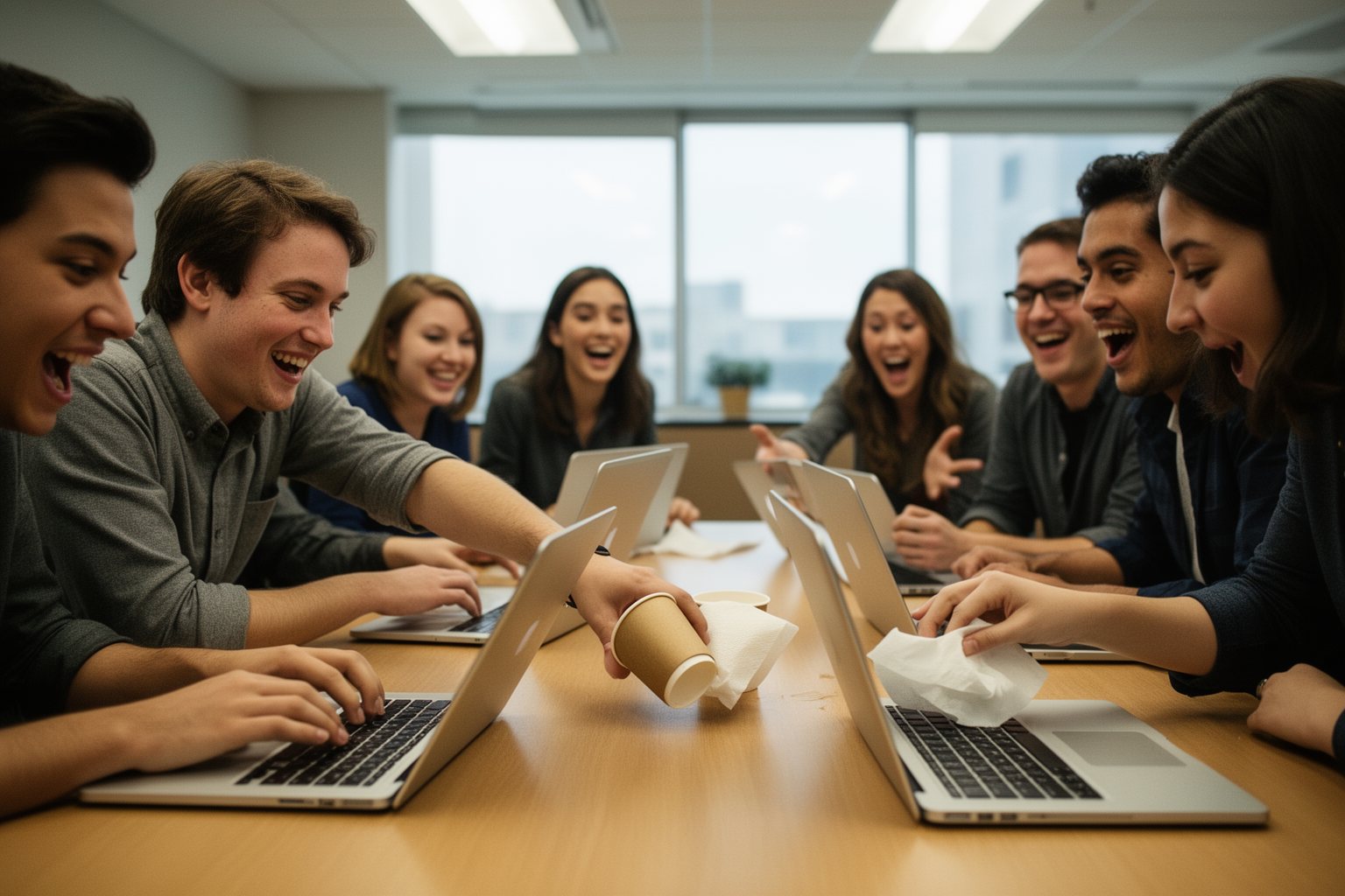 The Humorous Side of #Adulting: Welcome to the Real World Coworkers in a meeting room reacting as someone knocks over a coffee