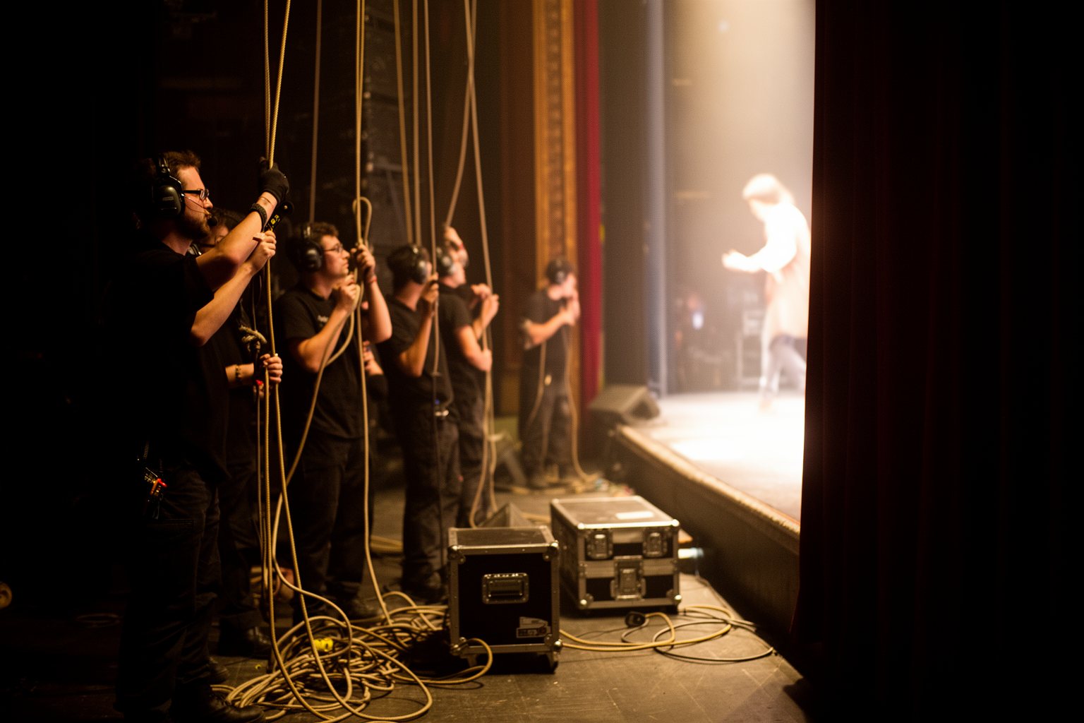 Entertainment Industry Behind the Scenes: Hidden Faces Backstage crew working in the wings while performers take the stage under bright lights