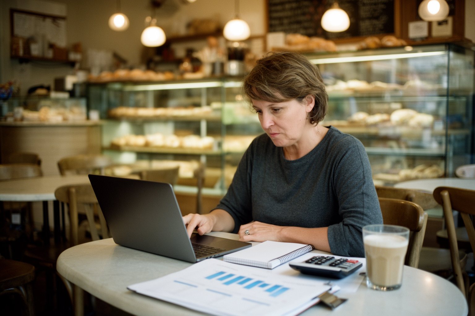 Small bakery owner reviewing her business figures on a laptop after closing, boosting her bottom line