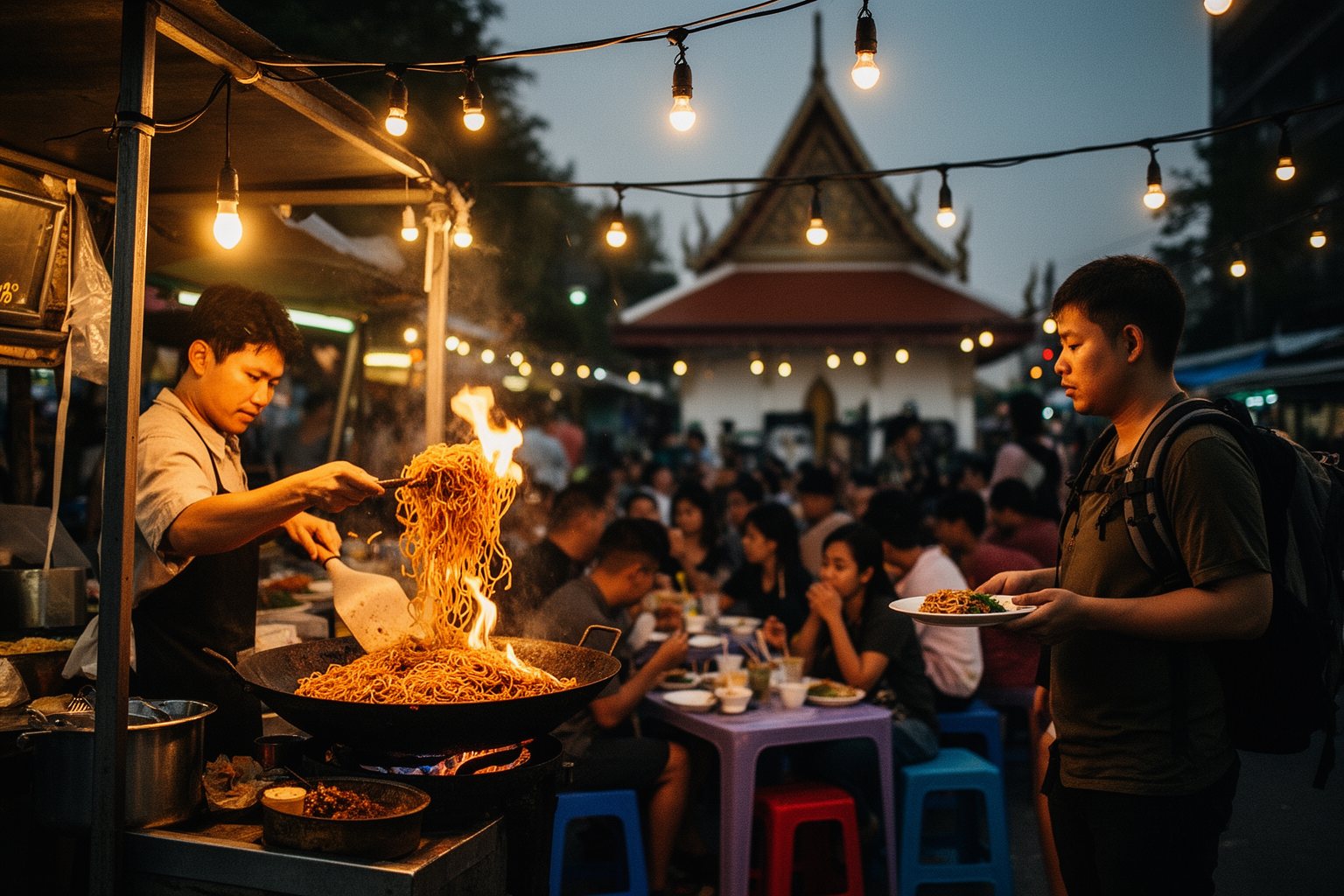 Unveiling the Top 10 Must-Visit Destinations: Your Ultimate Travel List Street food vendor cooking noodles in a wok at a night stall in Bangkok as travelers wait