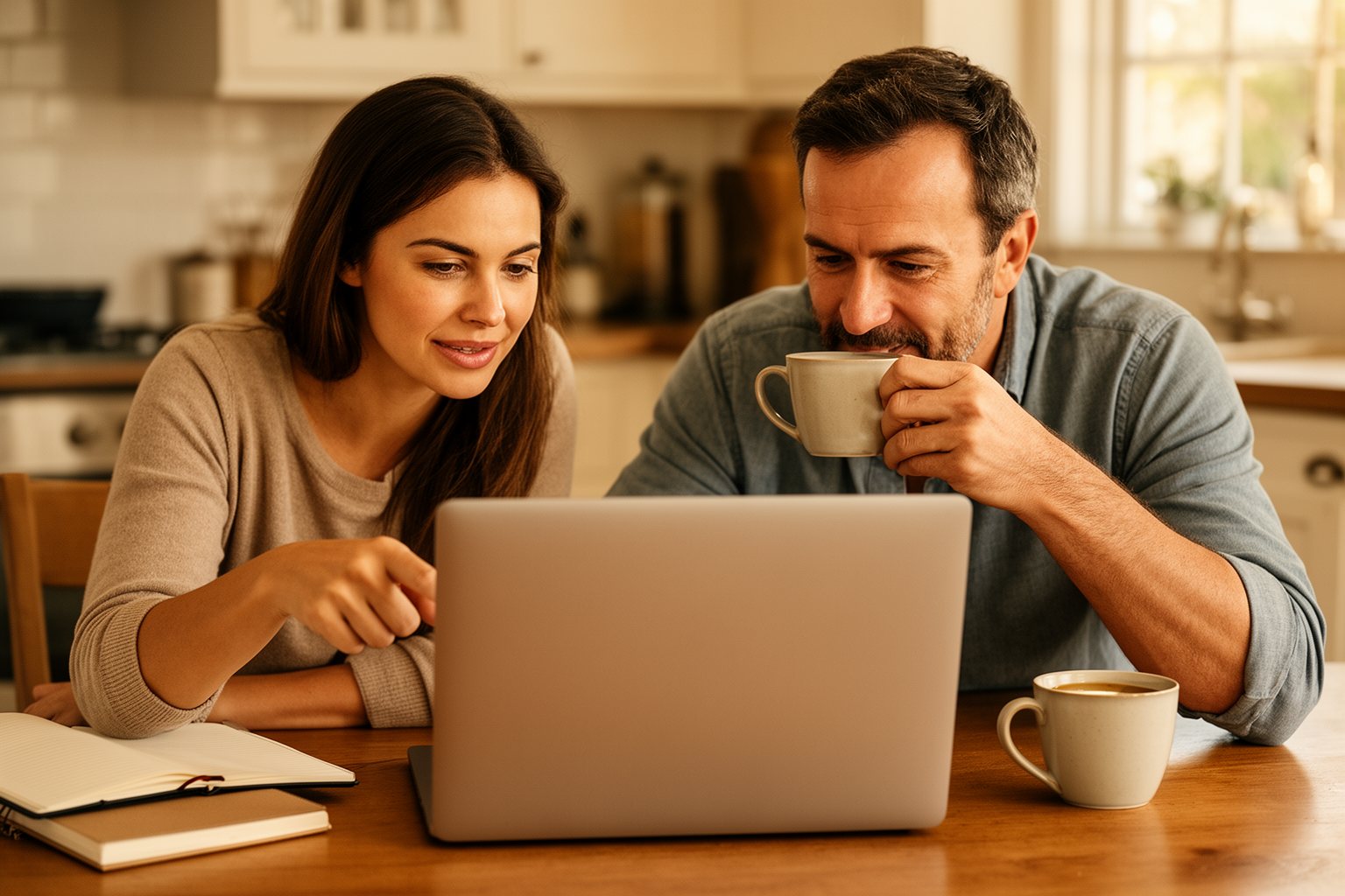 Couple planning a budget together at a kitchen table with a laptop