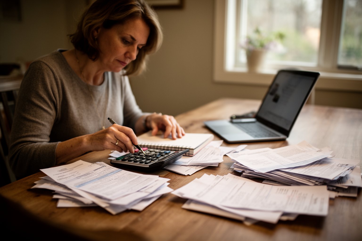 Grit and Grind: Your Layoff Survival Guide Woman reworking her household budget with bills and a calculator after a layoff