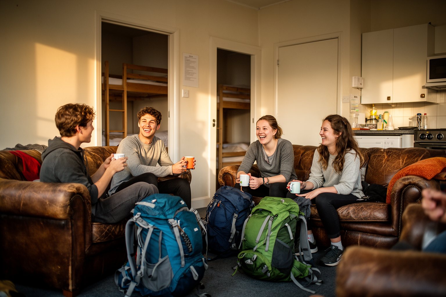 Unveiling the Top 10 Travel Hacks That Will Change The Way You Explore! Budget travelers chatting and planning in a relaxed hostel common room
