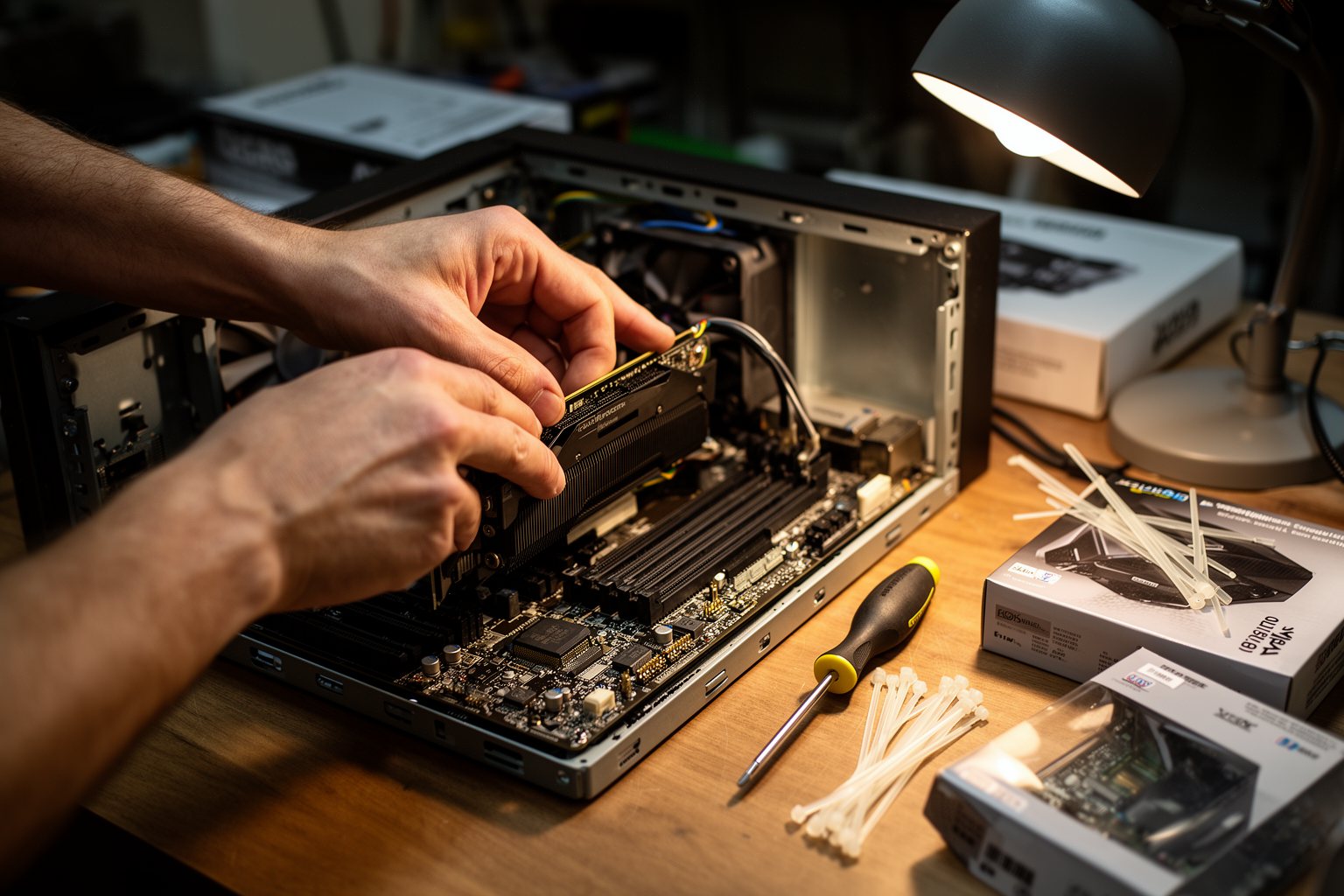 Top 10 PC Games You Can't Afford To Miss Hands fitting a graphics card into an open gaming PC on a workbench