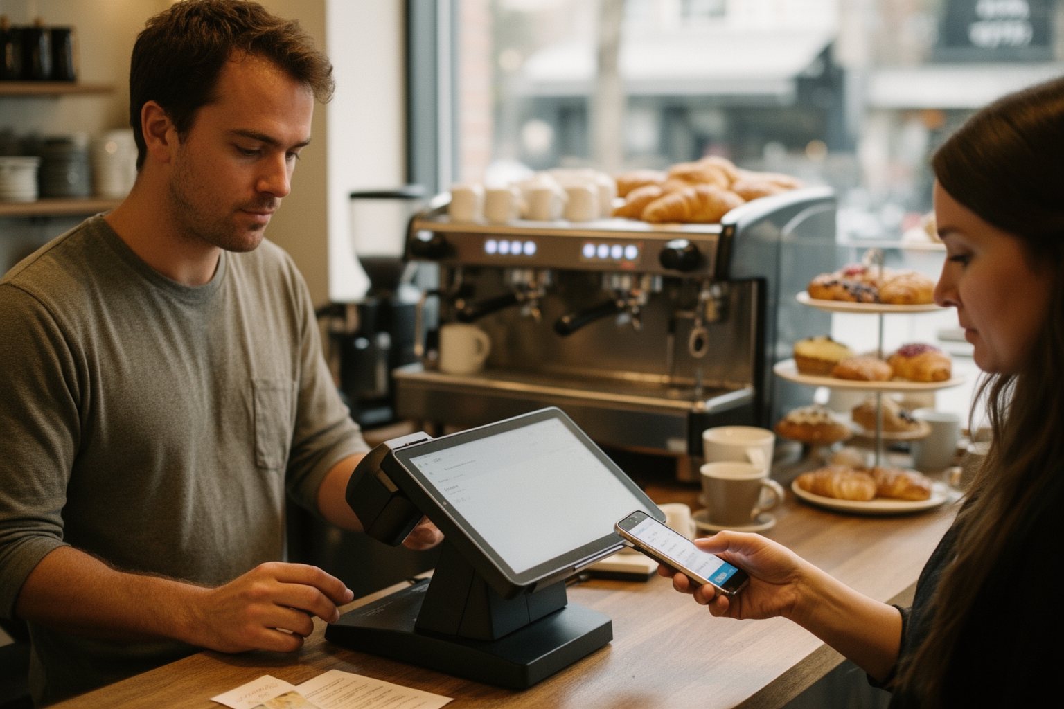 Cafe owner taking an order on a tablet point-of-sale system