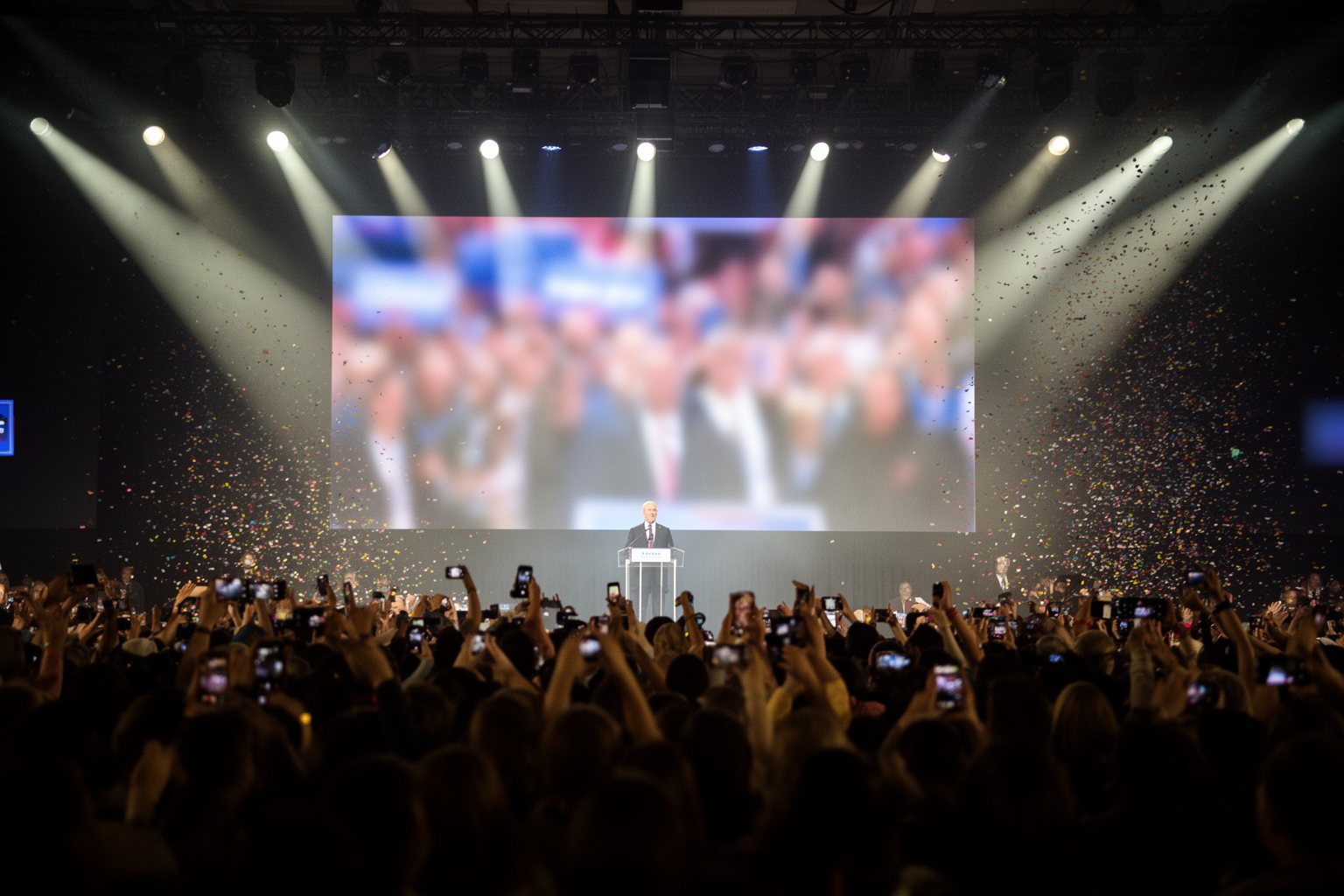 Star-Politicos: Is Mixing Celebrities and Politics a Ticking Time Bomb? Campaign rally staged like a concert with spotlights, a big screen and falling confetti