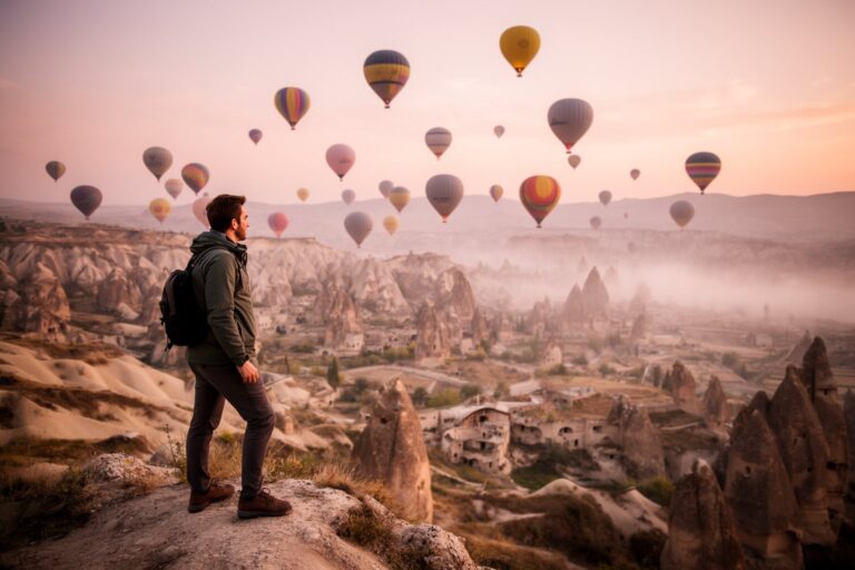 10 Secret Destinations Only Travel Pros Know Traveler watching hot air balloons rise over the fairy chimneys of Goreme, Cappadocia, at sunrise