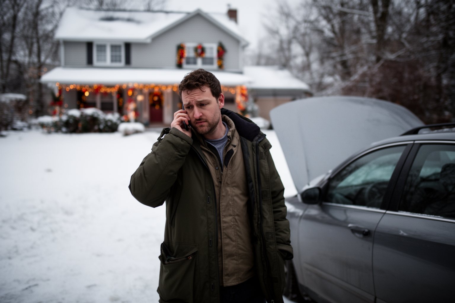 Man on the phone beside his car with the hood up in a snowy driveway