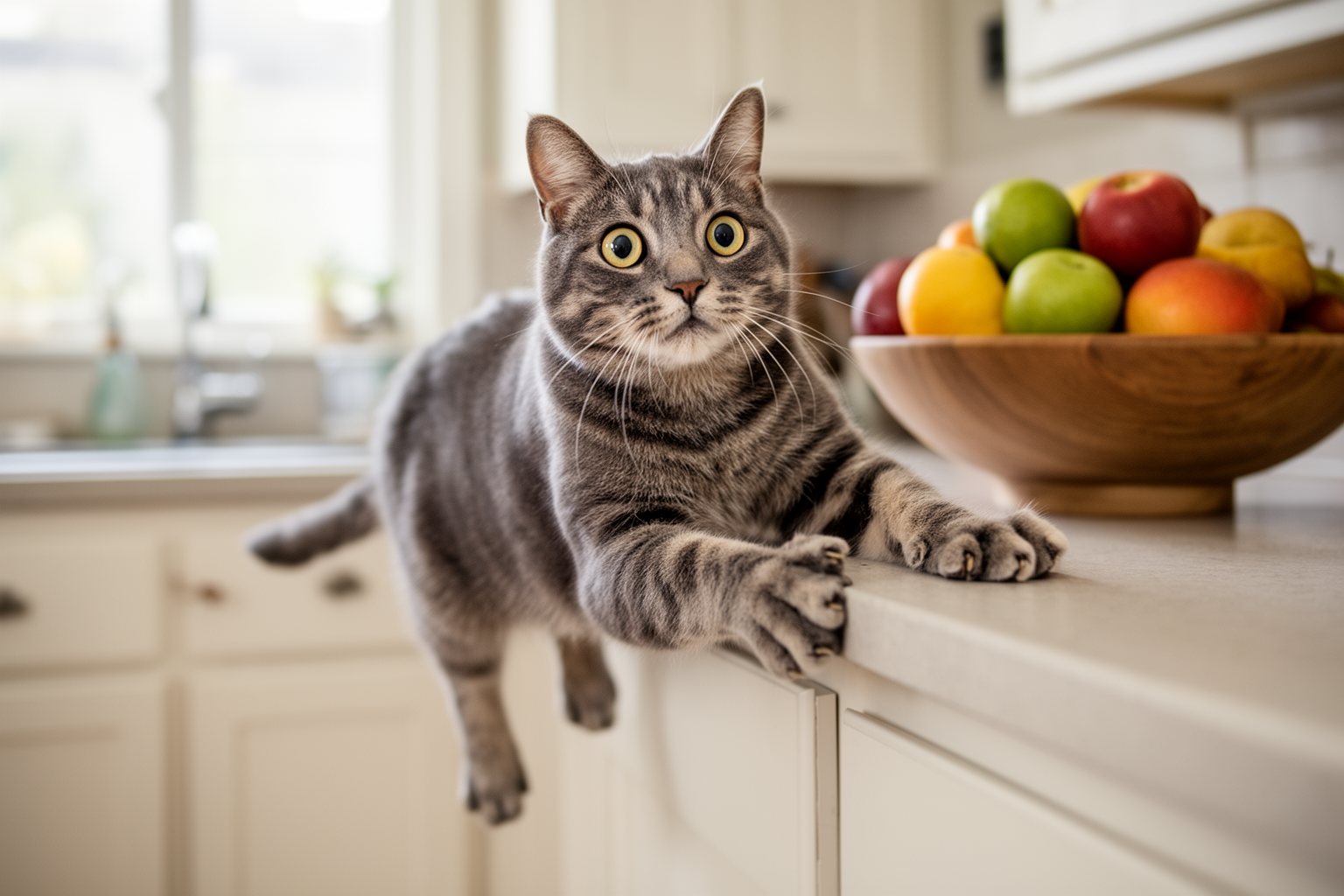 10 Epic Fails: Hilarious Pet Antics That Went Viral Tabby cat clinging to the edge of a kitchen counter after falling short on a jump