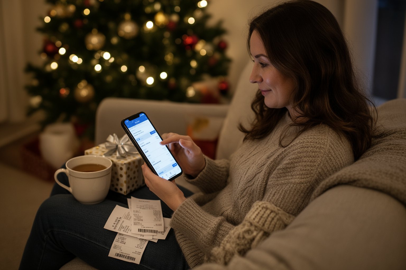 Woman checking holiday spending on a budgeting app with receipts on the sofa
