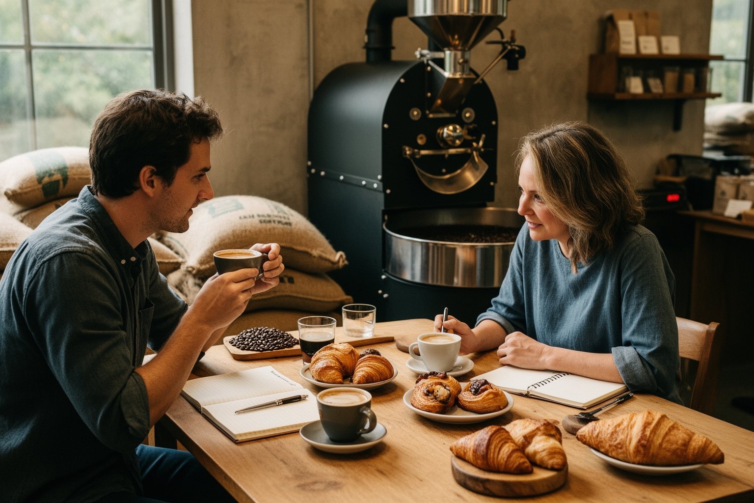 Coffee roaster and bakery owner tasting together to plan a joint offering