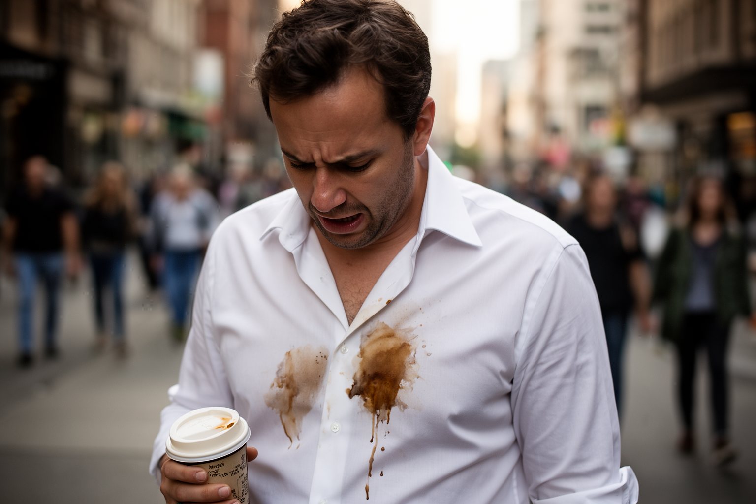 10 Hilarious Things That Happen to Everyone Commuter looking down in dismay at coffee spilled on a white shirt