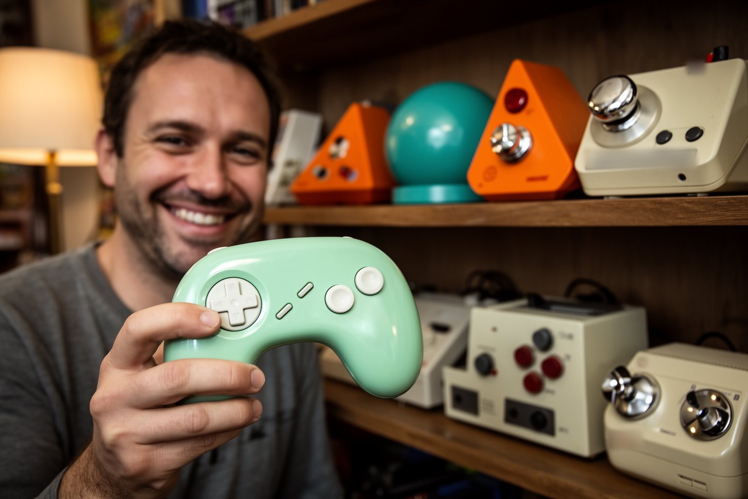 Collector browsing a long shelf of classic consoles and controllers from different eras