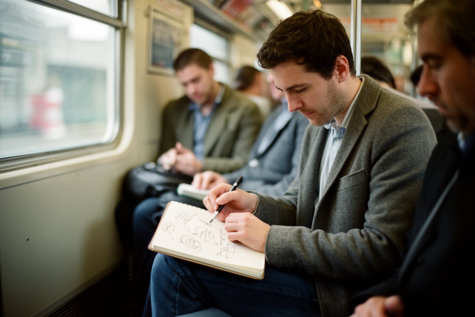Revealed: The Side Hustle Secrets That Your 9-5 Doesn’t Want You to Know Commuter sketching side hustle ideas in a notebook on a morning train