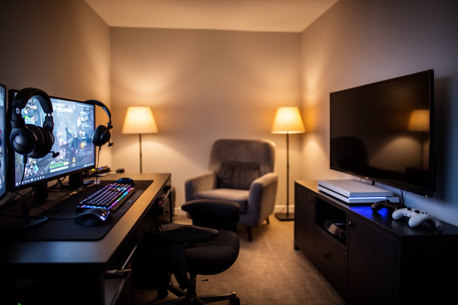 Revealed! Top 10 Gaming Gadgets You Can't Live Without! Complete home gaming room in the evening with a desk setup, comfortable chair and console by the TV