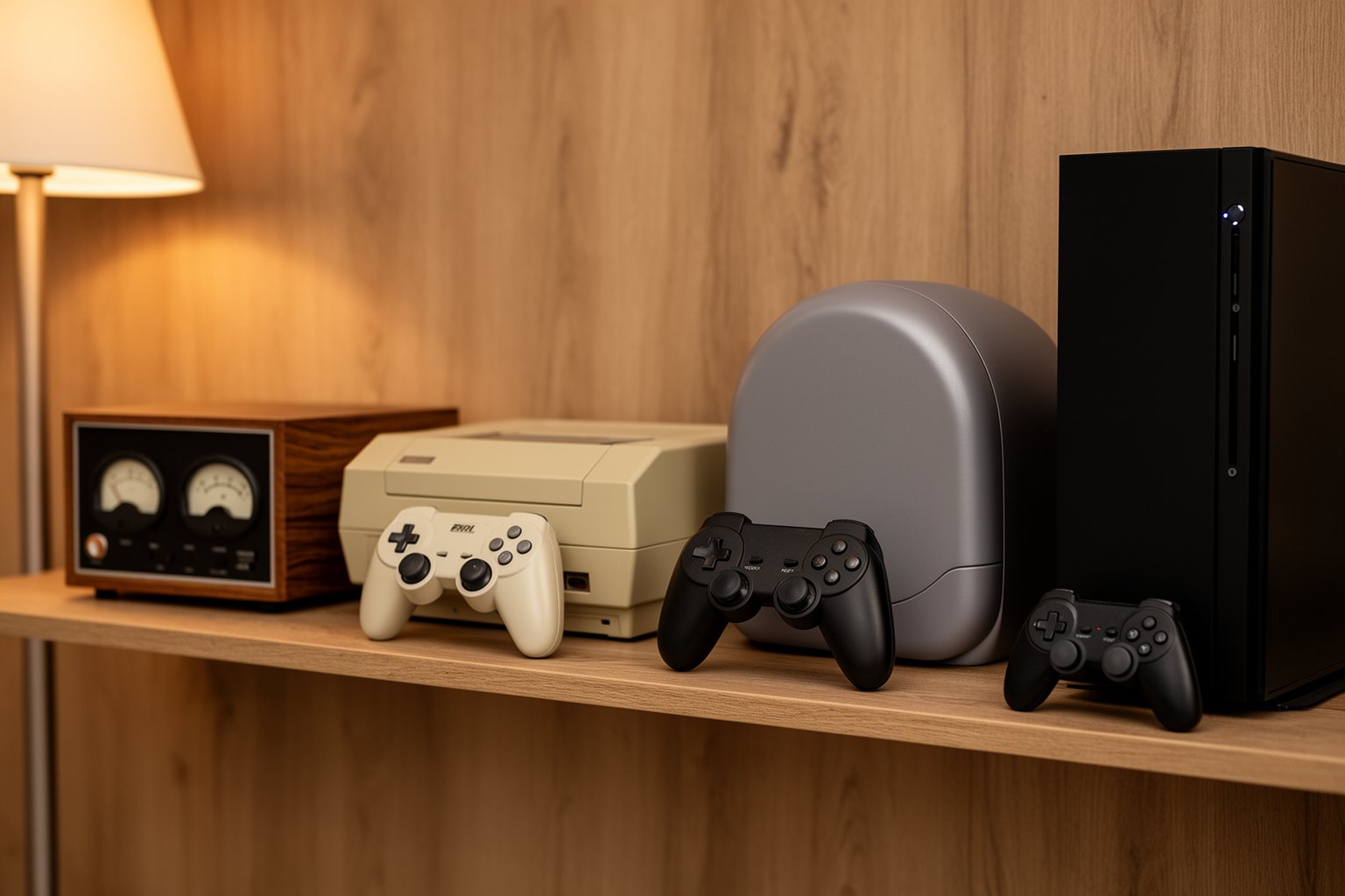 Shelf displaying game consoles and controllers from several generations of console gaming
