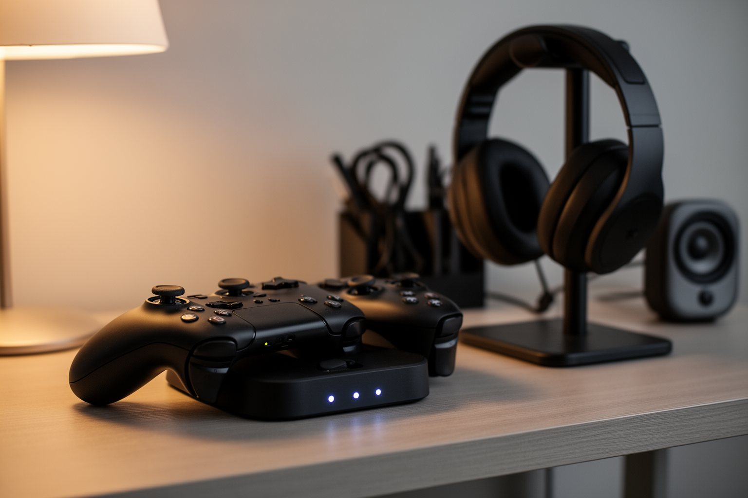 Revealed! Top 10 Gaming Gadgets You Can't Live Without! Gaming accessories on a desk: controller charging dock, headset stand and cable organiser