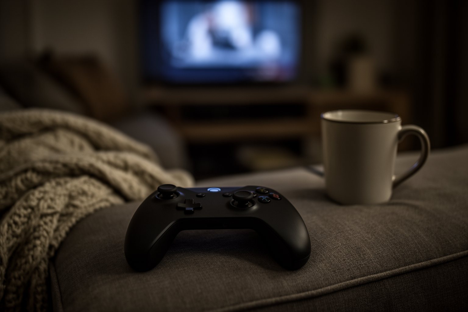 Game controller resting on a sofa cushion in the soft glow of a TV after a gaming session