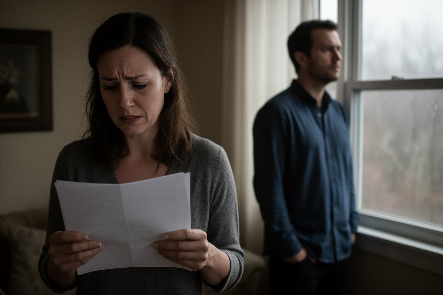 Money Secrets in Relationships: Rebuilding Love and Trust Woman holding a statement with a hurt expression while her partner looks away by the window