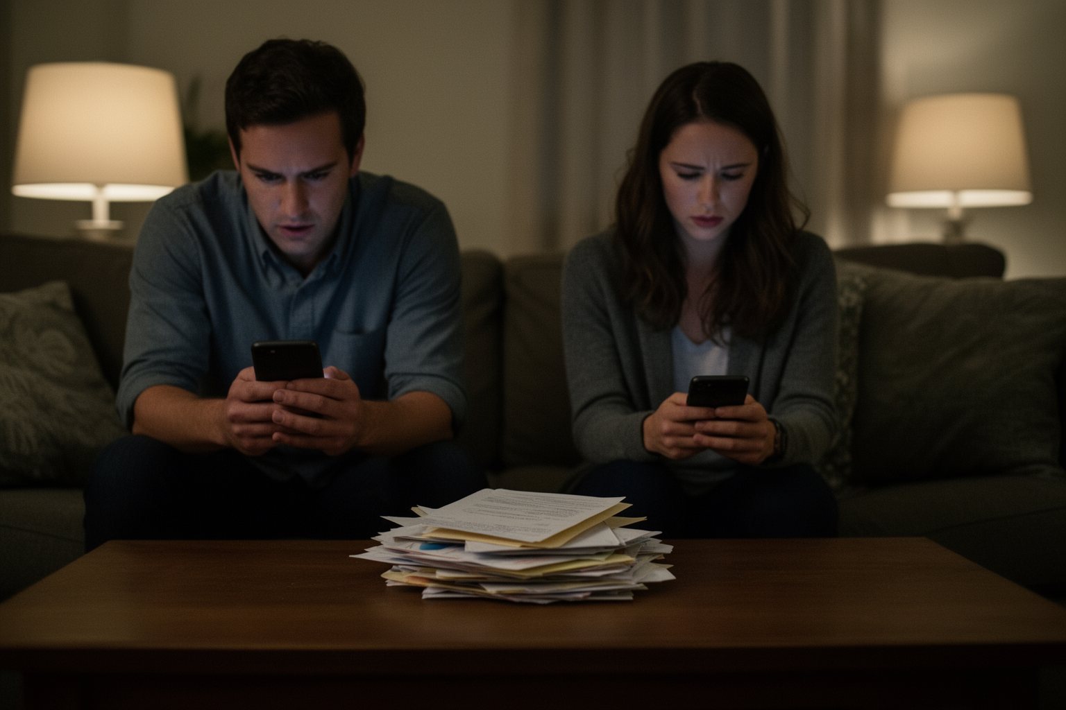 Money Secrets in Relationships: Rebuilding Love and Trust Couple on a sofa avoiding the money talk, a pile of bills untouched on the coffee table
