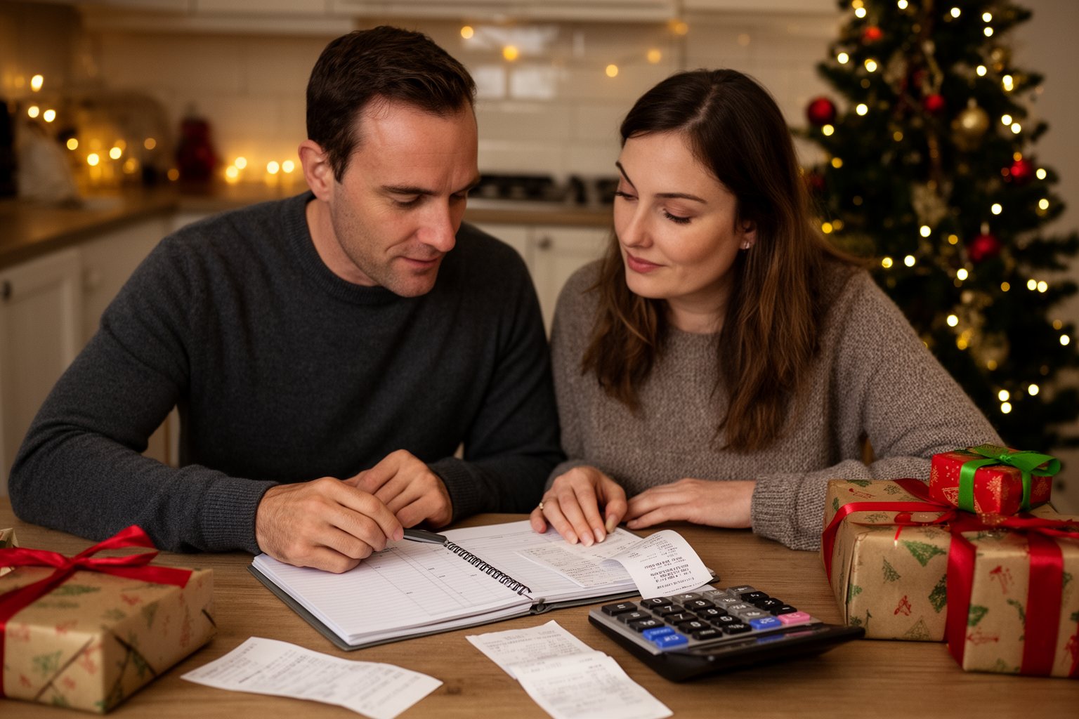 Couple planning their Christmas budget at the kitchen table beside wrapped gifts and a lit tree