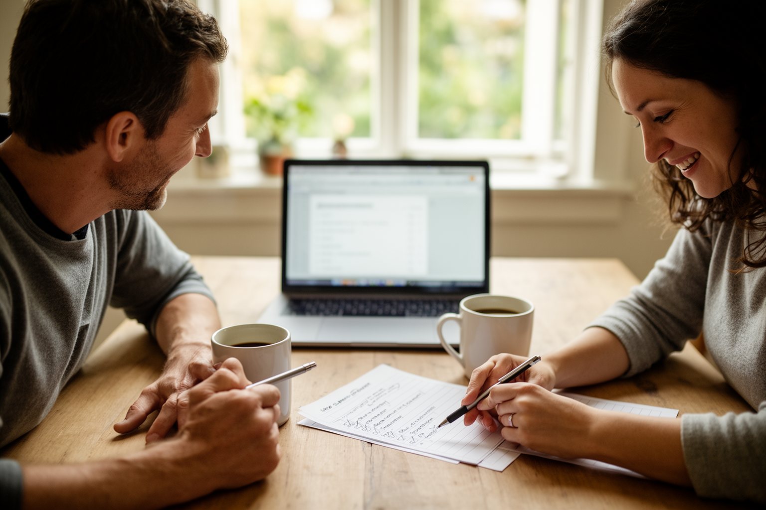 Couple comparing antivirus options on a laptop with a handwritten checklist