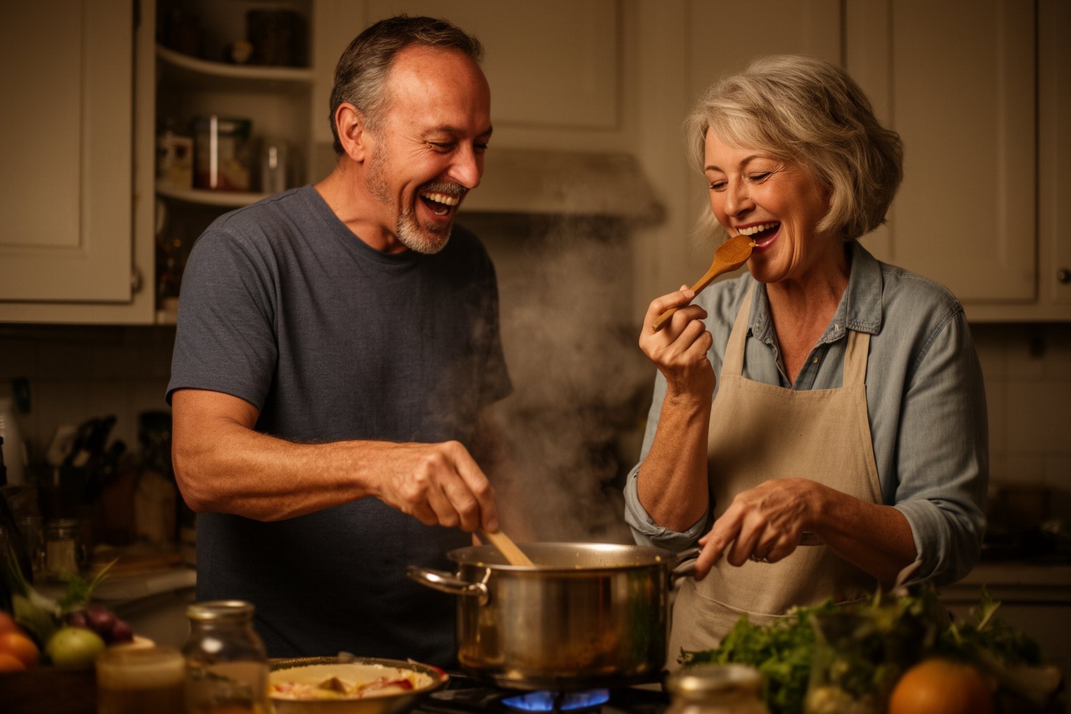 Money Secrets in Relationships: Rebuilding Love and Trust Couple laughing while cooking dinner together at home