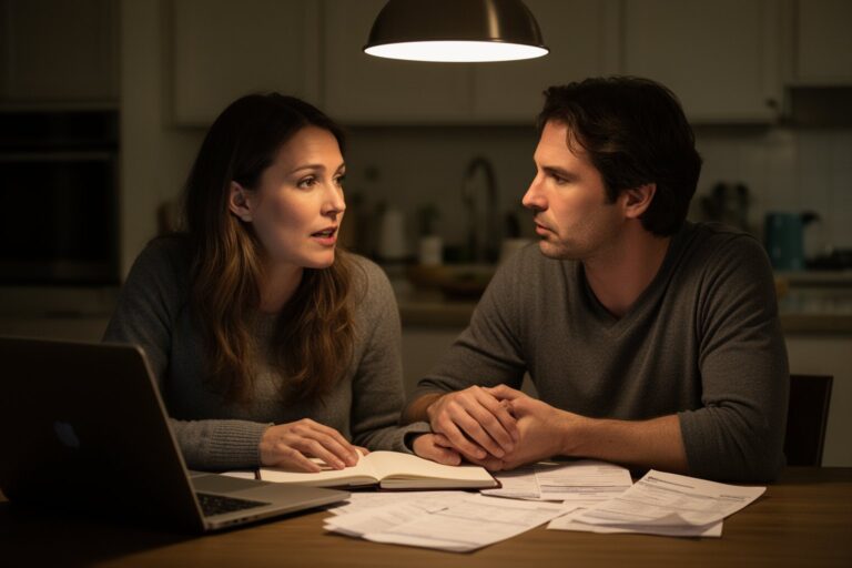Money Secrets in Relationships: Rebuilding Love and Trust Couple having an honest talk about money at the kitchen table, rebuilding trust
