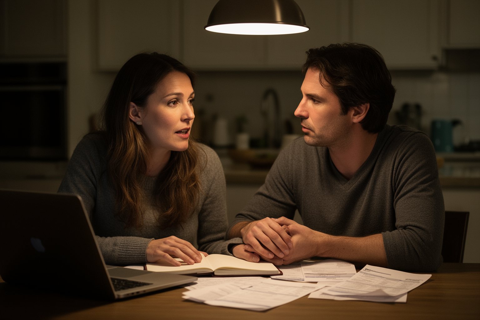 Money Secrets in Relationships: Rebuilding Love and Trust Couple having an honest talk about money at the kitchen table, rebuilding trust