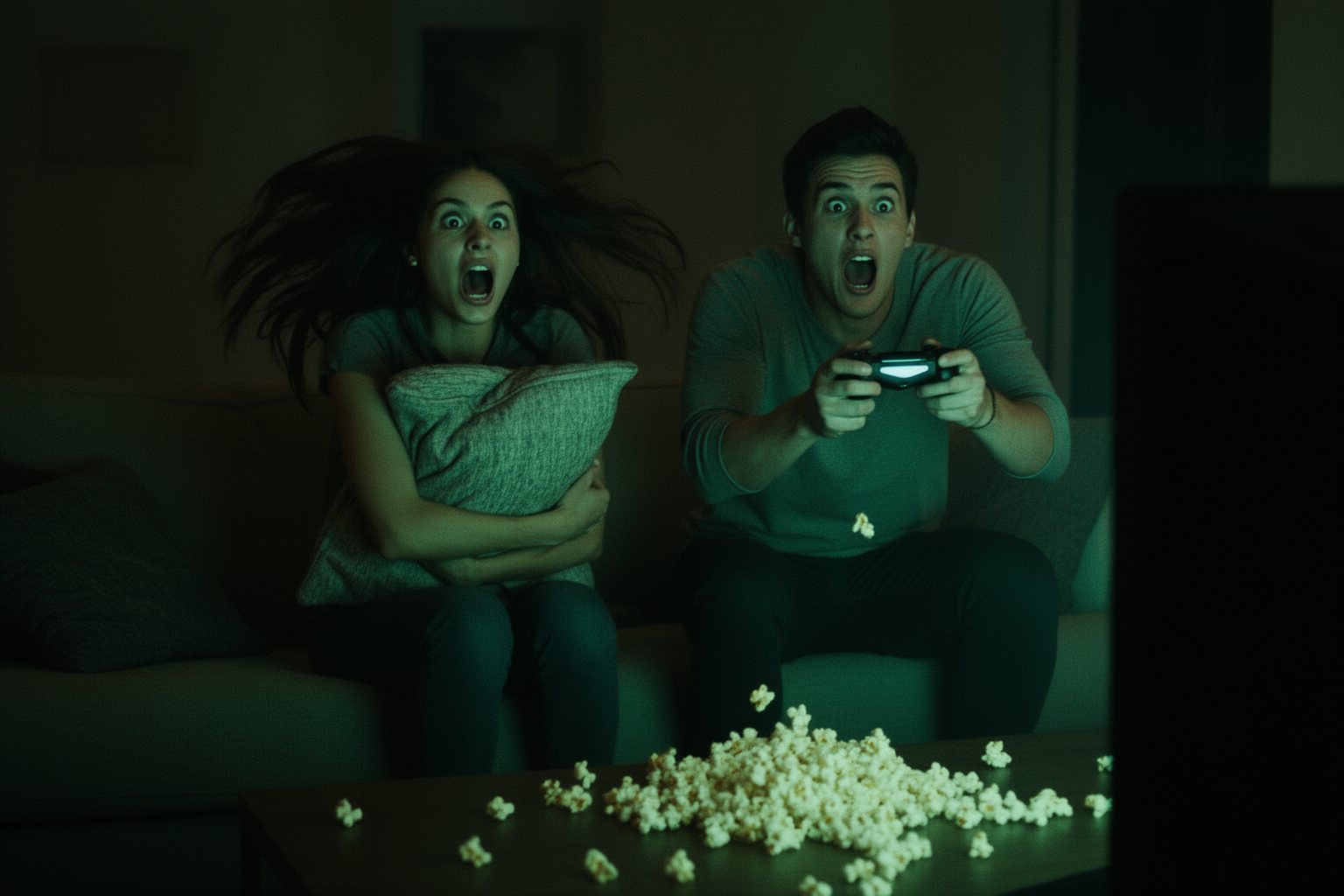 Top 10 Games of 2023: The Best of Every Genre Couple jumping in fright while playing a survival horror game in the dark