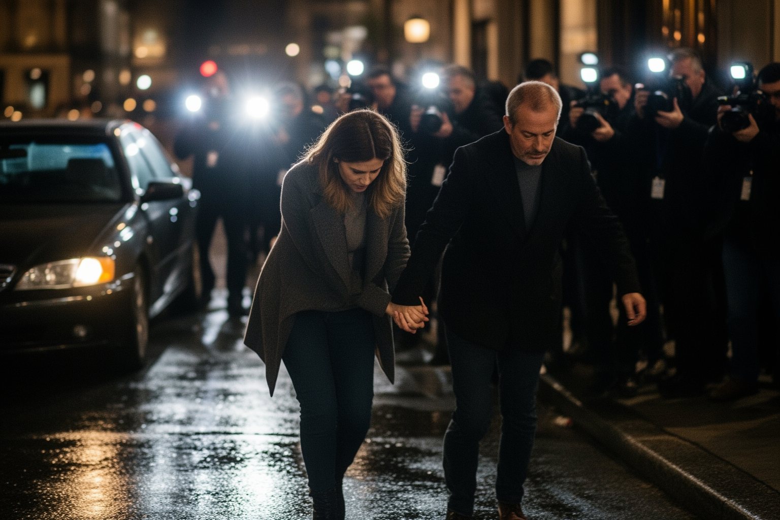 Entertainment Industry Behind the Scenes: Hidden Faces Couple leaving a restaurant at night as photographers crowd the pavement