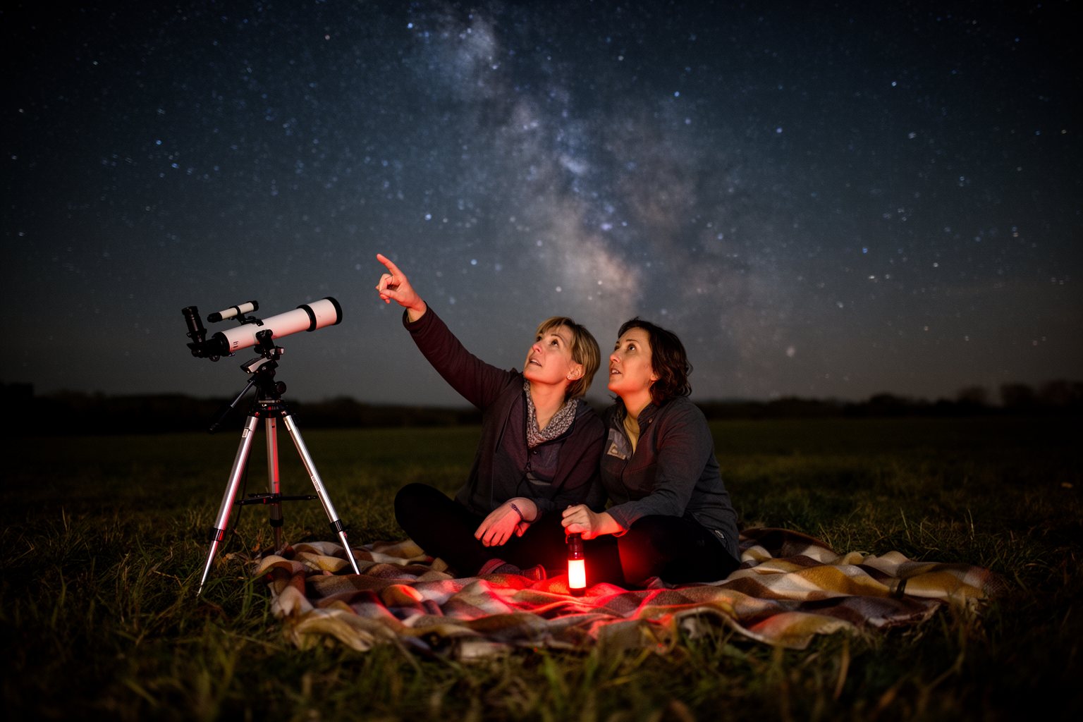 Couple stargazing with a telescope under a clear night sky full of stars