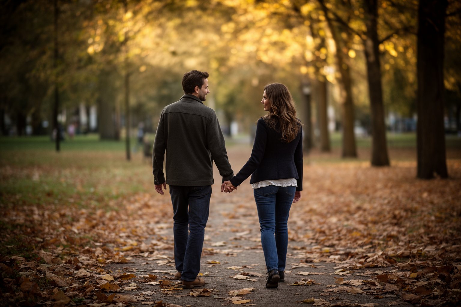 Money Secrets in Relationships: Rebuilding Love and Trust Couple walking hand in hand through an autumn park, trust rebuilt