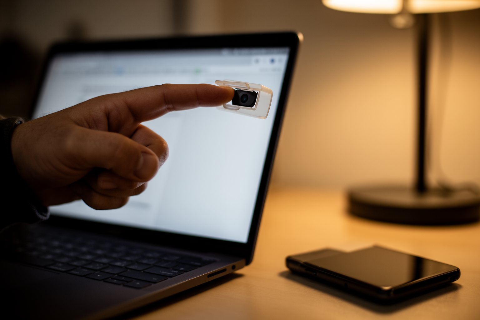 Pros and Cons of Social Media: A Double-Edged Sword Person sliding a privacy cover over a laptop webcam at home