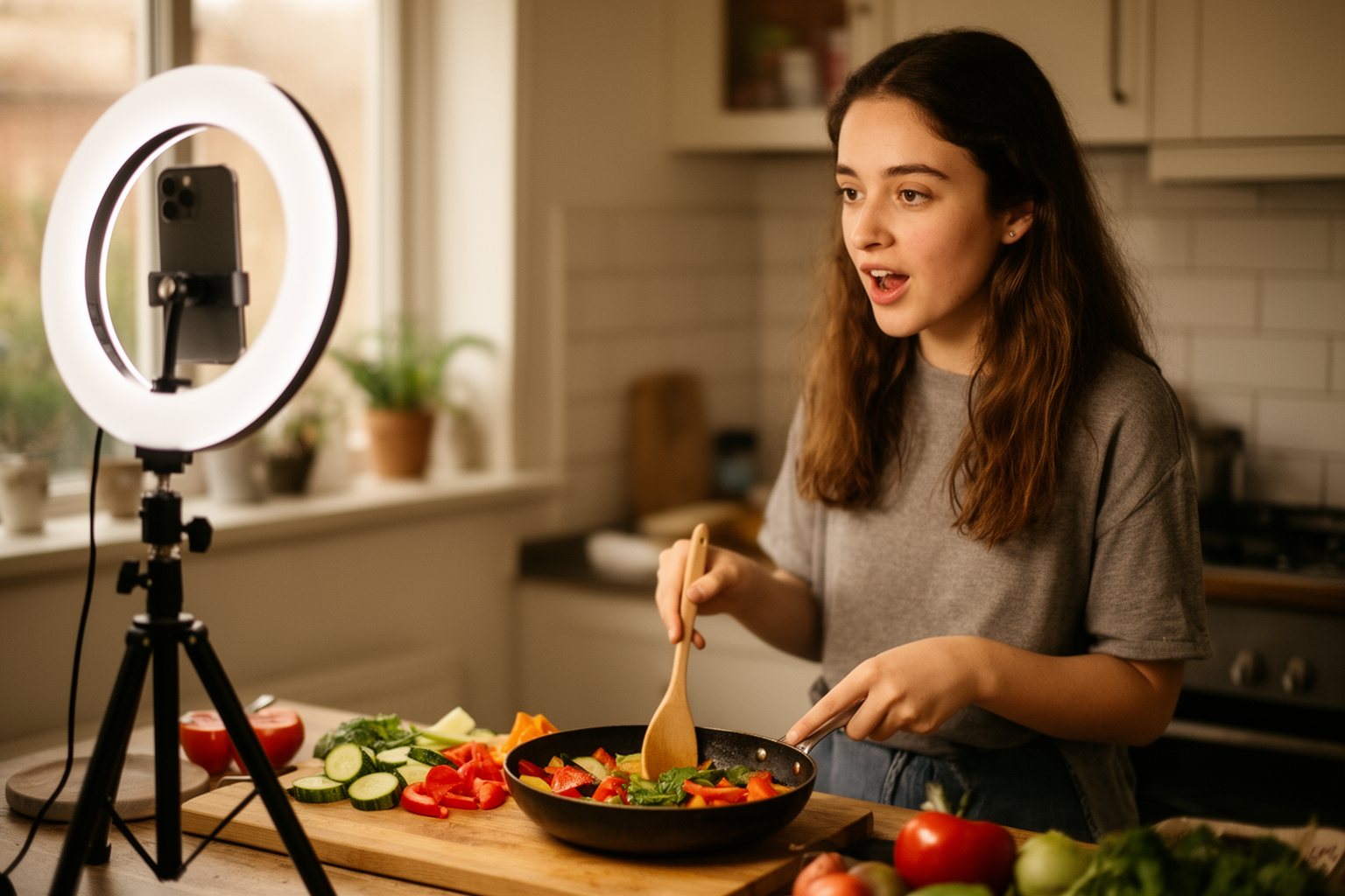 Pros and Cons of Social Media: A Double-Edged Sword Content creator filming a cooking video with a phone on a tripod in her kitchen