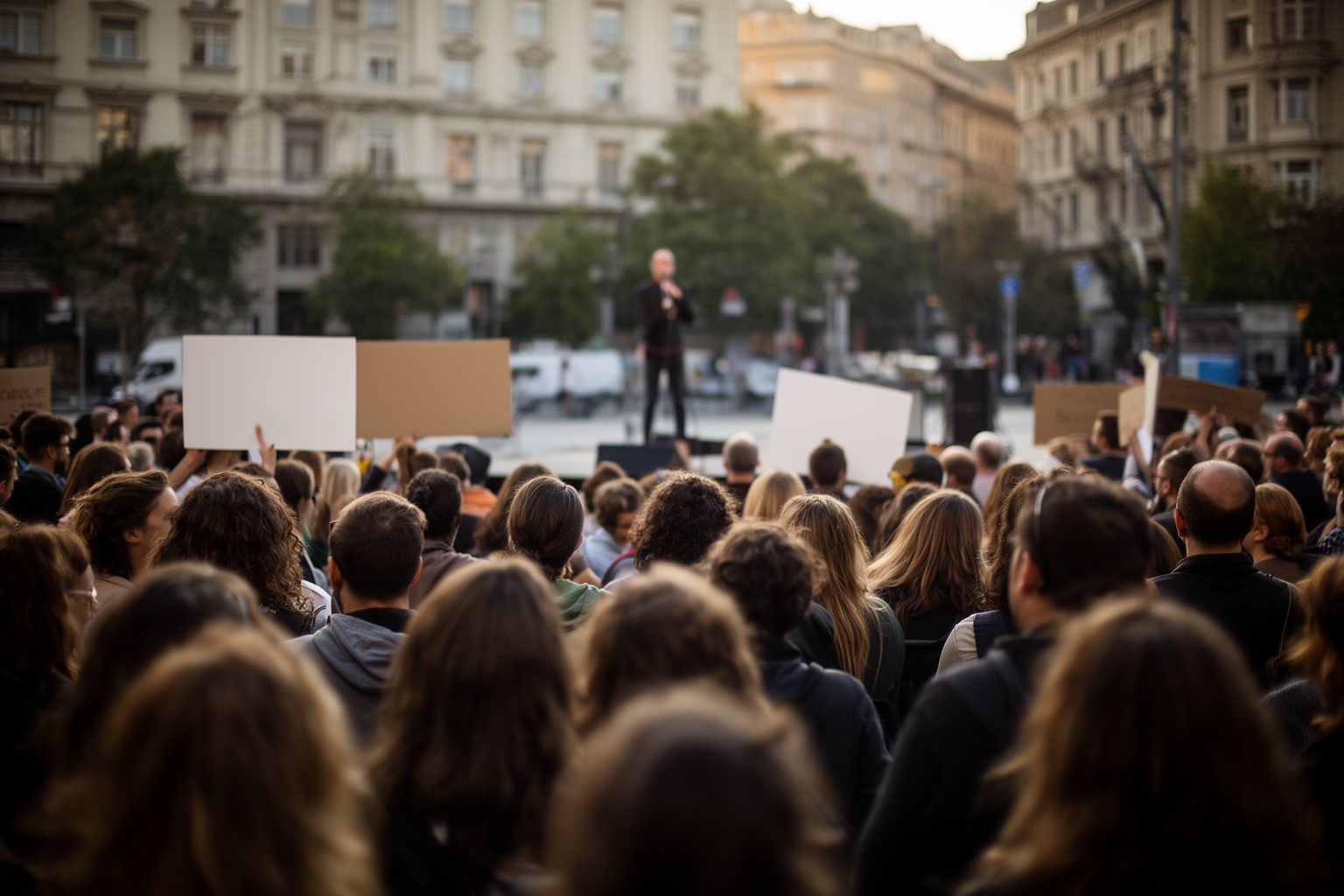 Star-Politicos: Is Mixing Celebrities and Politics a Ticking Time Bomb? Crowd listening to a speaker at an outdoor rally in a city square