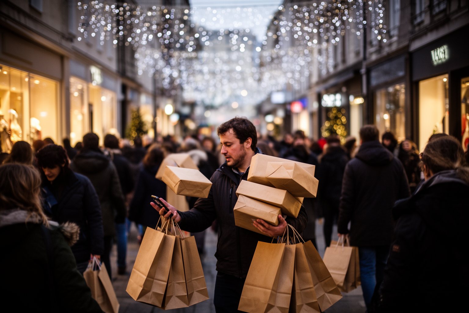 Shoppers laden with bags on a crowded holiday shopping street