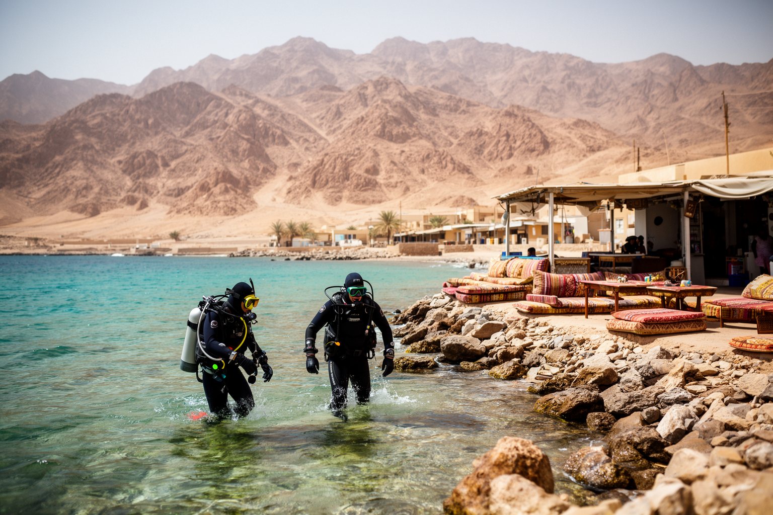 10 Secret Destinations Only Travel Pros Know Divers wading into the clear Red Sea from the rocky shore at Dahab, Egypt, below desert mountains