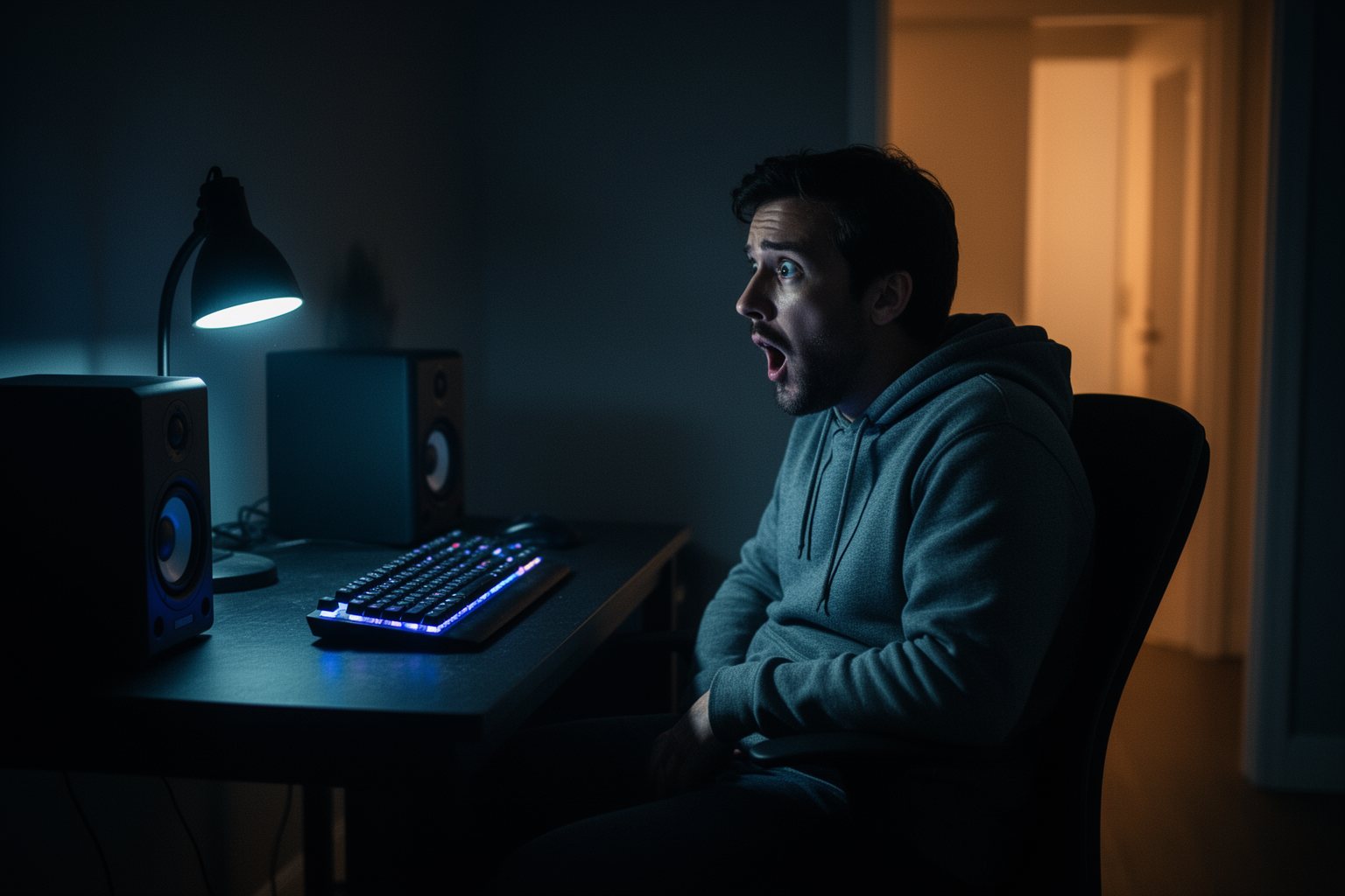 Tech Pranks that Went Viral Man in a dark home office startled as his devices light up and beep on their own