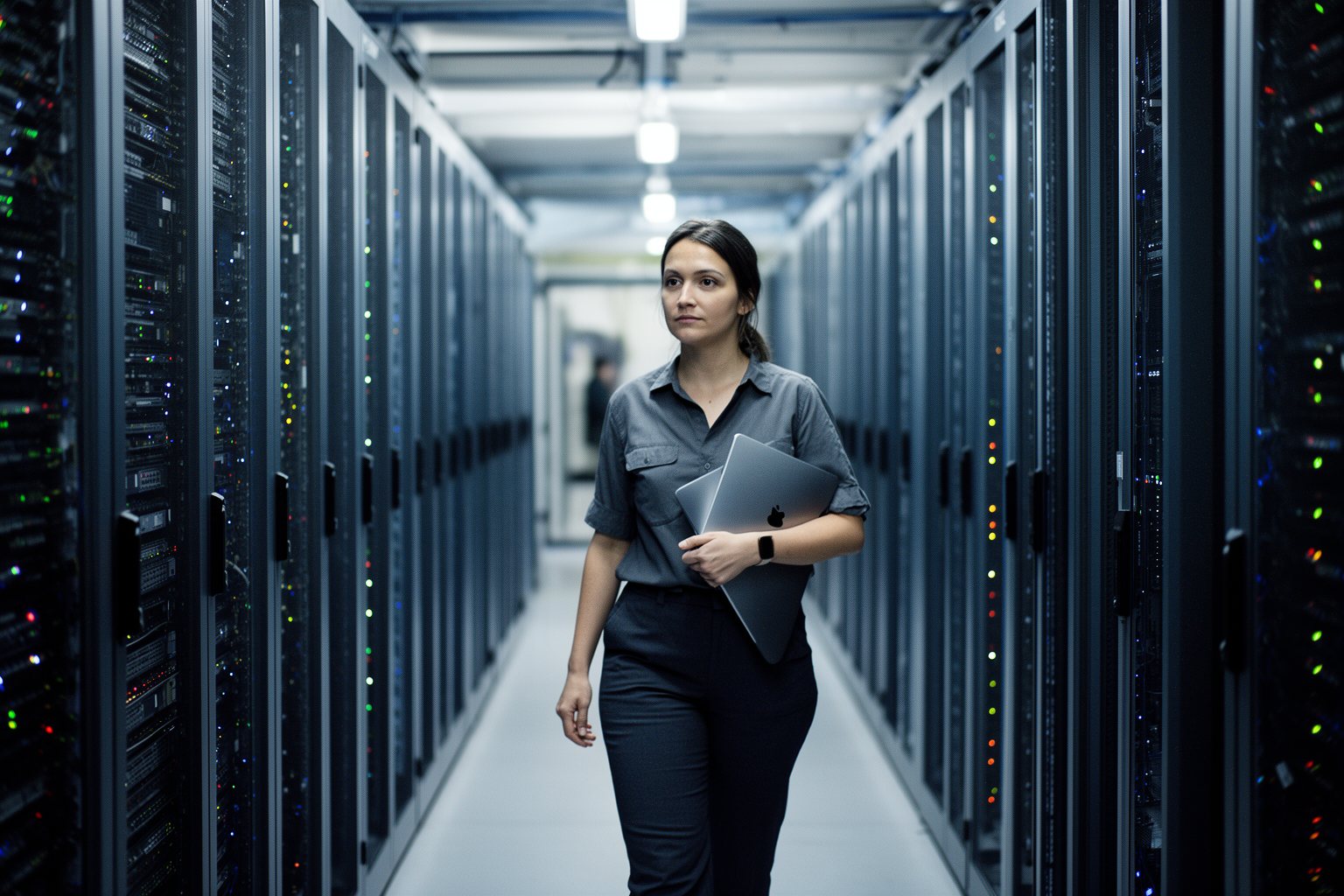 Engineer walking down a data centre aisle, the cloud behind lightweight antivirus