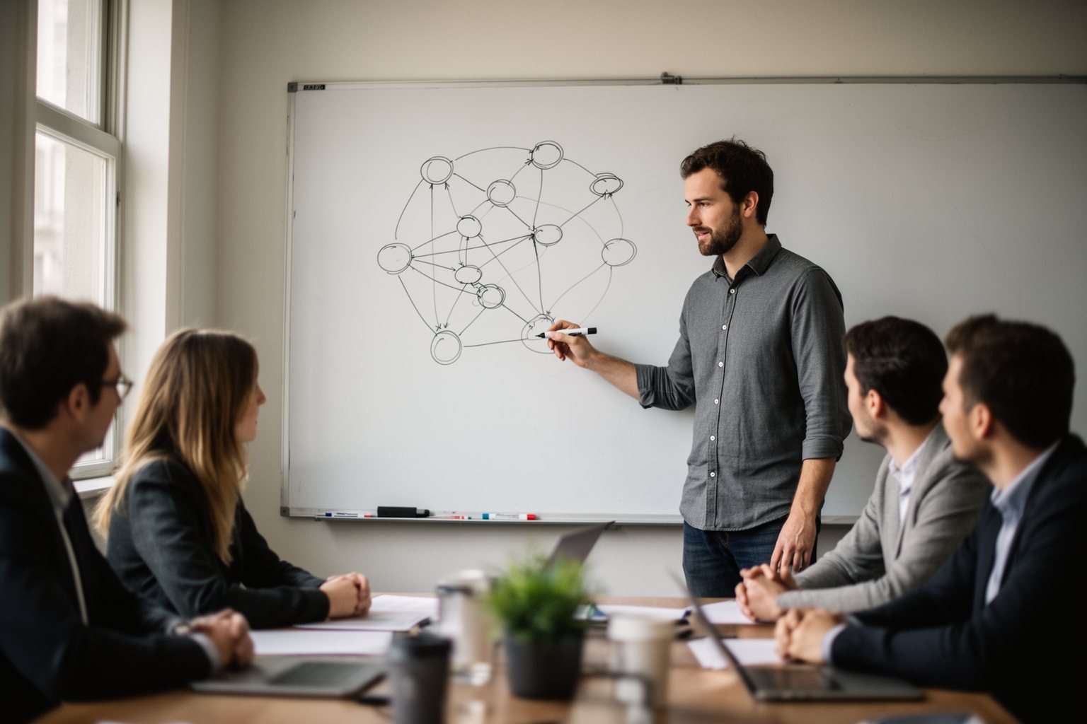 The AI Revolution: How to Future Proof Your Career in Technology Data scientist sketching a simple neural network diagram on a whiteboard for colleagues