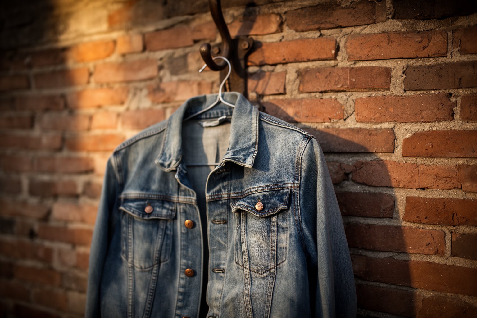 10 Must-Have Fashion Items for Teen Boys Worn blue denim jacket hanging on a hook against a brick wall