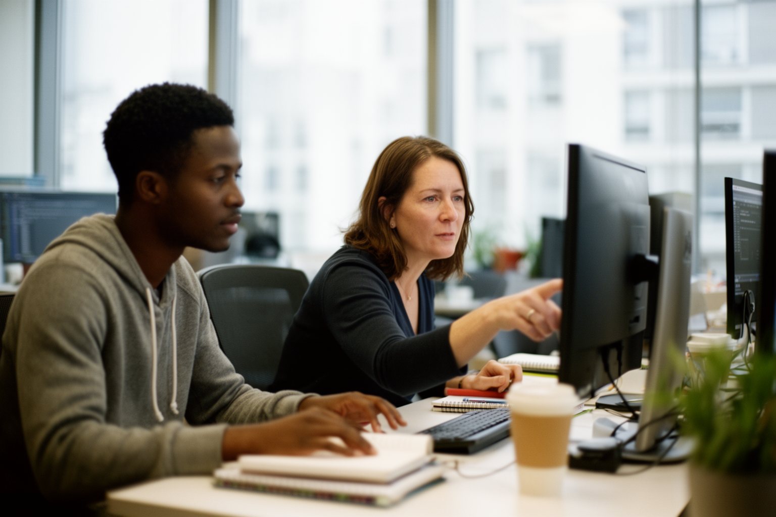 The AI Revolution: How to Future Proof Your Career in Technology Two developers discussing code together in a bright open-plan office