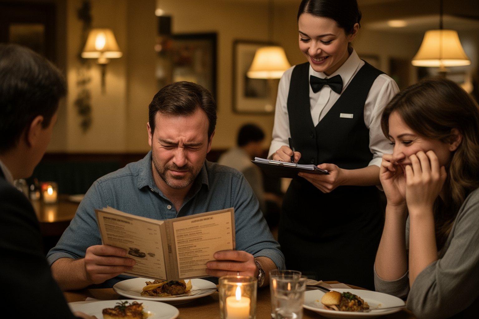 10 Hilarious Things That Happen to Everyone Diner struggling to pronounce a dish on a restaurant menu while the server smiles