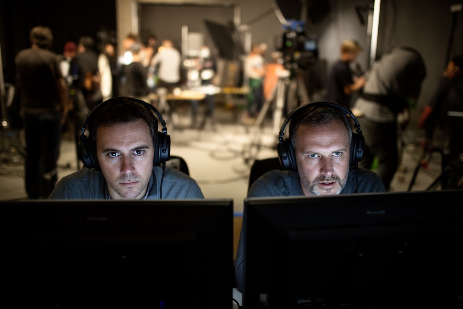 Entertainment Industry Behind the Scenes: Hidden Faces Film director and producer watching playback on monitors at a film set video village